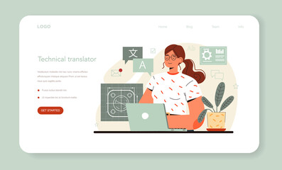 Translator web banner or landing page. Linguist translating document - obrazy, fototapety, plakaty
