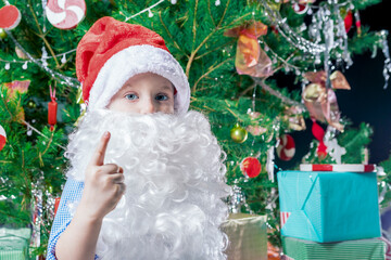 Little santa claus wagging a finger at naughty children.