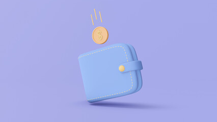 3d illustration when fly coin in portmone. Wallet with Dollar coin falling in it. 3d rendering.