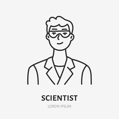 Scientist doodle line icon. Vector thin outline illustration of physicist in glass. Black color linear sign for professional specialist