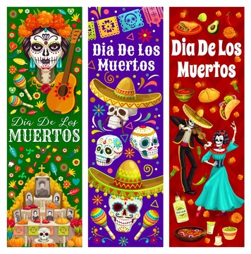 Mexican day of dead or Dia de los Muertos holiday personages and food. Vector banners with Catrina, calavera sugar skulls, mariachi and dancer skeletons, marigold flowers, papel picado flags, altar