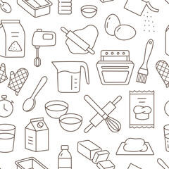 Baking doodle brown seamless pattern. Vector background included line icons as - rolling pin, dough, mixer, yeast, butter, flour, bowl, egg, milk. Wallpaper for bread and confectionery