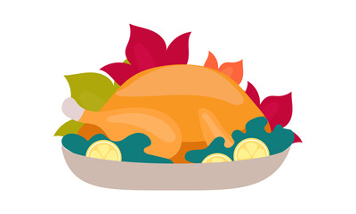 Roast turkey with lemon semi flat color vector object. Full sized item on white. Preparing dish for Thanksgiving dinner. Simple cartoon style illustration for web graphic design and animation