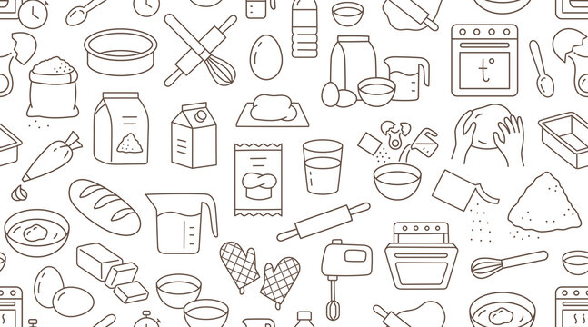 Baking doodle brown seamless pattern. Vector background included line icons as - rolling pin, dough, mixer, butter, flour, bread, stir, egg, milk. Wallpaper for bread and confectionery