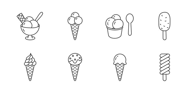 Ice cream doodle illustration including icons - eskimo, sundae, waffle cone, cold sorbet scoop, cup, bowl, spoon. Thin line art about frozen dessert. Editable Stroke