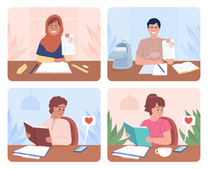 Increasing productivity for good marks 2D vector isolated illustration set. Easily distracted students flat characters on cartoon background. Colourful editable scene collection for mobile, website