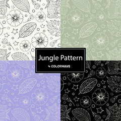Set of monochrome jungle animals seamless patterns with baby leopard, baby tiger, tropical leaves and flowers