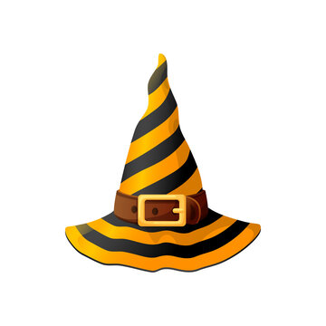 Halloween headdress, striped witch hat with buckle isolated cartoon magician headdress. Vector wizard or witch cap, fairy stargazer cap with buckle. Magic headwear, Halloween hat of mage sorcerer