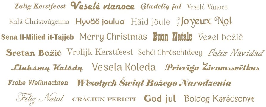 Frohe Weihnachten. Kalligrafischer Gruß Vektor in allen Sprachen der Europäischen Union in Gold. Weiser Hintergrund.
Für Hintergründe, Kalender, Einladungen, Grußkarten etc.