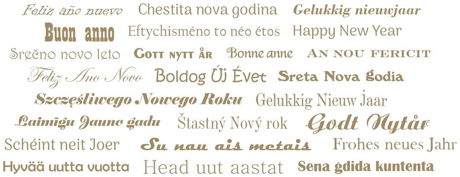 Frohes neues Jahr. Kalligrafischer Gruß Vektor in allen Sprachen der Europäischen Union in Gold. Weiser Hintergrund.