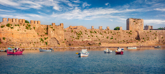 Panoramic morning view of Methoni Castle. Superb morning seascape of Mediterranean sea, Peloponnese...