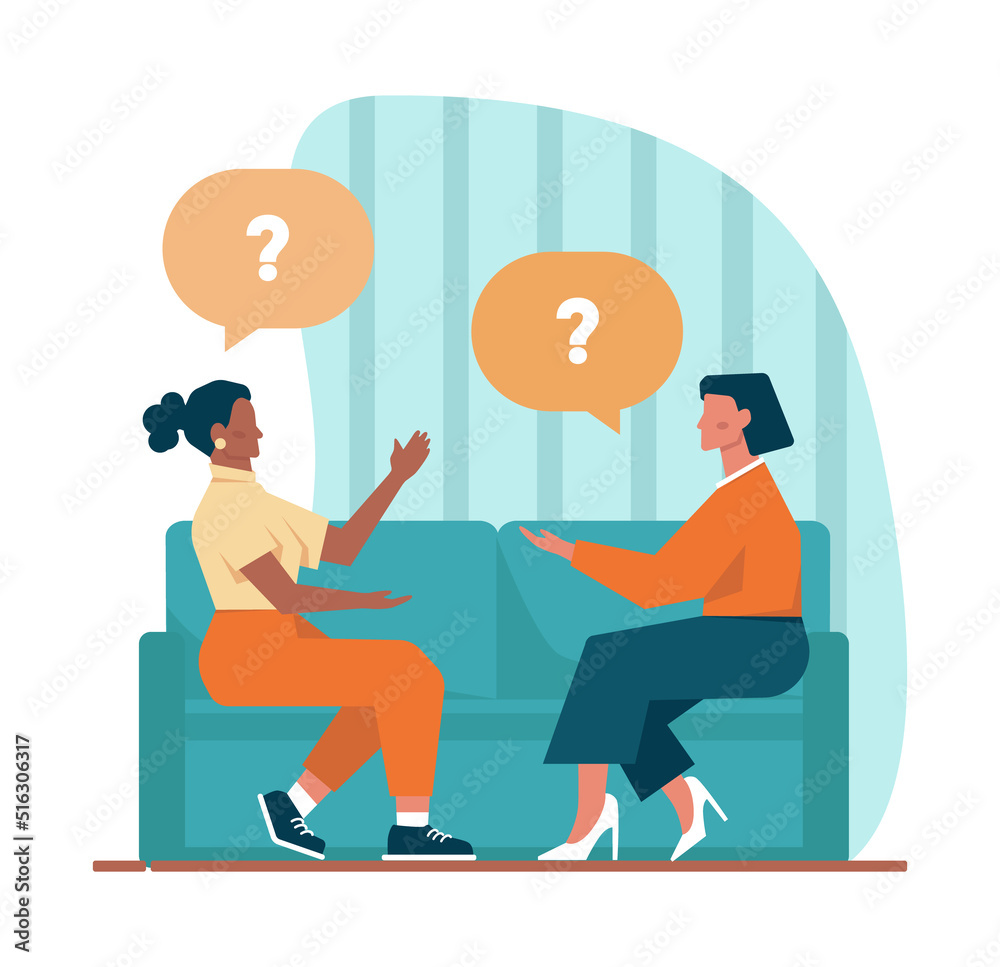 Sticker question concept. confused character in doubt with big question
