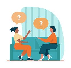 Question concept. Confused character in doubt with big question