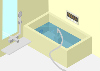 アイソメトリックな湯沸かし器が壊れて簡易の湯沸かし器でお風呂のお湯を温めているイメージ