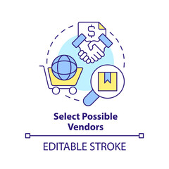 Select possible vendors concept icon. Basic procurement step abstract idea thin line illustration. Choosing suppliers. Isolated outline drawing. Editable stroke. Arial, Myriad Pro-Bold fonts used - obrazy, fototapety, plakaty