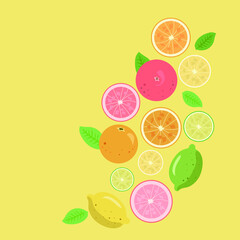 summer tropical fruits with leaves, grapefruit, orange, tangerine, lemon, lime on yellow background. Food concept. Flat lay, top view, copy space