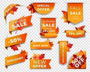 Labels, banners and ribbon corners with autumn leaves. Isolated vector tags for fall season discount, shop order, store sale promotional campaign. Advertising for new collection, promo coupons set