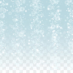 Christmas Vector Background with Falling Snowflakes  Isolated on Transparent Background. Realistic Snow Sparkle Pattern. Snowfall Overlay Print. Winter Sky. Realistic Snow. Happy Christmas, New Year.