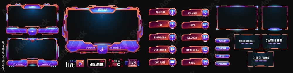Aufkleber Overlay game interface, neon screen panel and frames, vector UI template. Game interface overlay of live stream buttons, gamer video twitch and name tags for streaming game and futuristic digital GUI