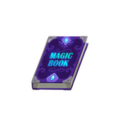 Halloween spellbook, ancient magic book with alchemy recipes, mystic spells and enchantments with old purple ornate mysterious cover front view. Game ui graphic, witchcraft element, wizard education