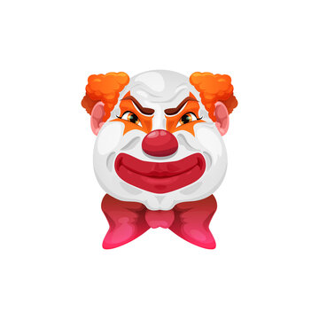 Demon nightmare clown Halloween holiday character with creepy face isolated evil clown or joker with red nose and lips, bow, bold head. Eerie monster carnival jester funny man with makeup