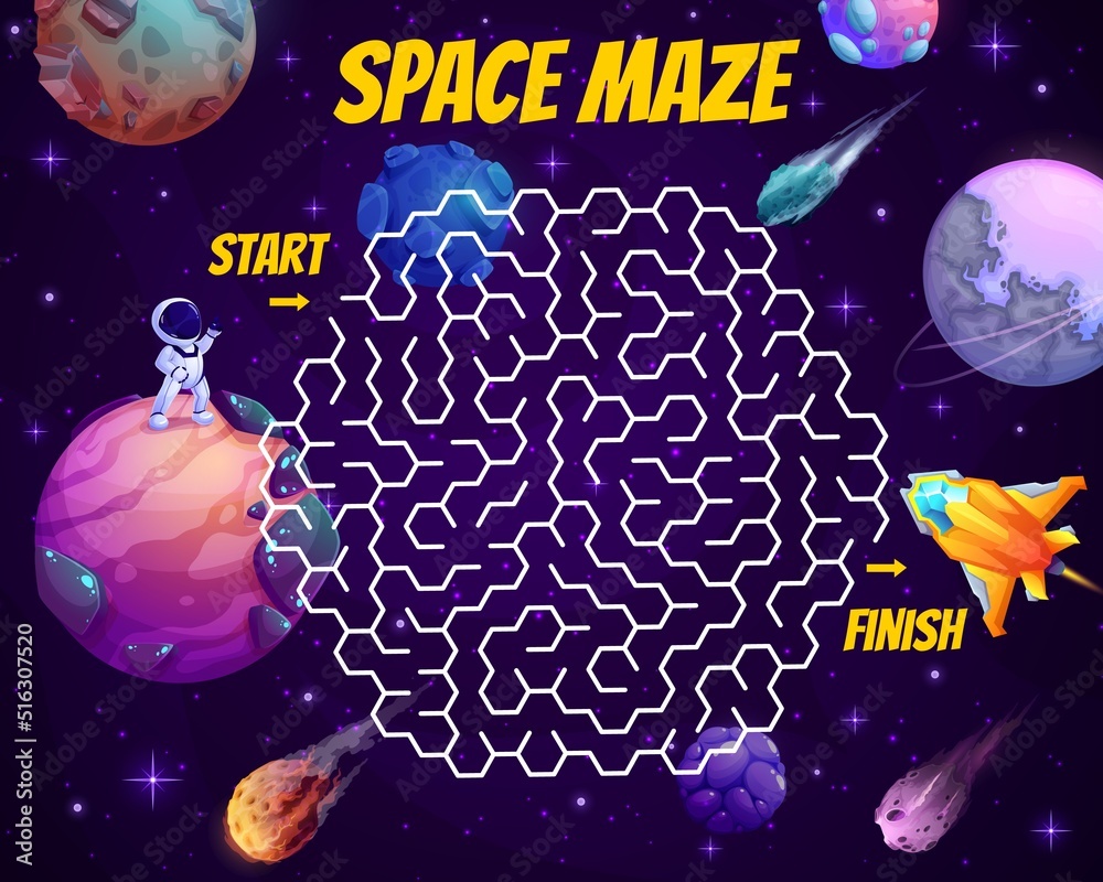 Aufkleber space labyrinth maze game, cartoon astronaut and galaxy planets, vector worksheet. kids escape puzzl