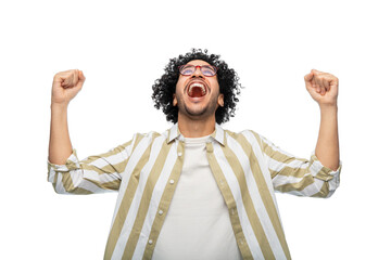 success, emotion and expression concept - happy man in glasses celebrating victory over white background - Powered by Adobe