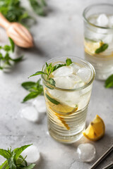 Lemonade summer iced cocktail with lemon and mint and metal straws on light gray background