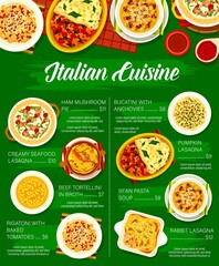 Italian food menu, Italy cuisine restaurant pasta dishes and meals, vector. Italian cafe cuisine and traditional kitchen dishes, seafood, rabbit and pumpkin lasagna, beef tortellini and rigatoni pasta