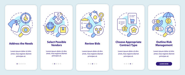 Steps of procurement process onboarding mobile app screen. Review bids walkthrough 5 steps editable graphic instructions with linear concepts. UI, UX, GUI template. Myriad Pro-Bold, Regular fonts used