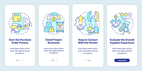 Steps for procurement planning onboarding mobile app screen. Ordering walkthrough 4 steps editable graphic instructions with linear concepts. UI, UX, GUI template. Myriad Pro-Bold, Regular fonts used