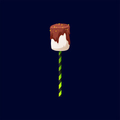 Sweet marshmallow candy in chocolate glaze on striped stick isolated cartoon food dessert. Vector Halloween trick or treat confectionery, holiday sweets, caramel lollipop or chewing confectionery