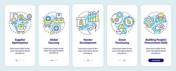 Purchasing strategies onboarding mobile app screen. Optimization walkthrough 5 steps editable graphic instructions with linear concepts. UI, UX, GUI template. Myriad Pro-Bold, Regular fonts used