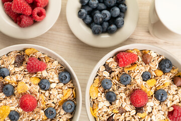 Zwei Schalen Müsli mit frischen Heidelbeeren und Himbeeren von oben.