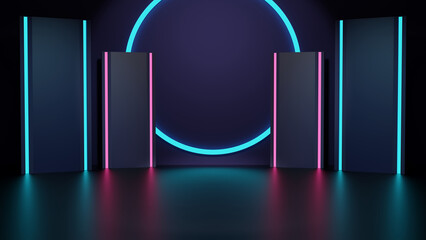 青とピンクのネオンライトのステージ　3DCG　背景