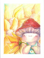 Cute Goblincore Style Mushroom Among Yellow Flowers Illustration for Print