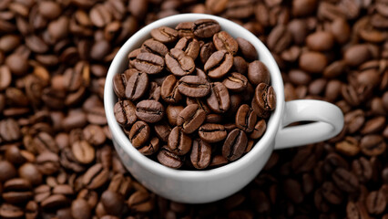 Coffee cup. Coffee beans in white cup and on background