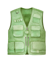 Men's outdoor multi functional vest in light khaki color with multiple pockets. Practical and convenient clothes. Hand drawn watercolour sketchy painting on white background, cut out clip art element.