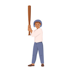 Baseball player cartoon character in protective helmet and bat, young sportive athlete. Vector illustration of pitcher hitting ball, sport league championship player