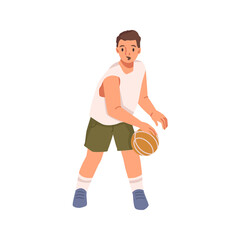 Young boy basketball player with ball isolated flat cartoon character. Vector illustration of small pupil playing basketball in sportswear uniform, active hobby sport