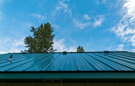 An upward view of a standing seam metal roof
