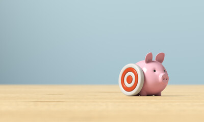 Pig piggy bank and target on a wooden surface. 3d render illustration.