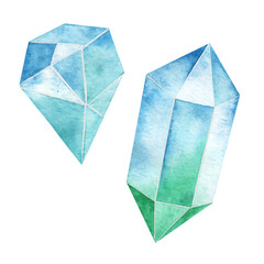 Watercolor drawing colored crystals isolated on white background. Precious stones. Diamonds.