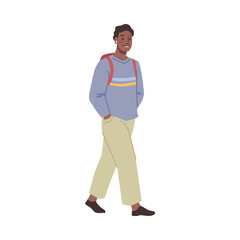 Woman in casual cloth walks with backpack, happy lifestyle of attractive female person. Vector stylish young girl walking, positive lady in trendy wear with rucksack