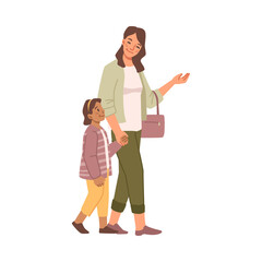 Mother and daughter walking together isolated happy people flat cartoon characters. Vector young girl with mom on walk, leisure and childhood, motherhood concept