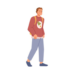Man in casual cloth walks with backpack, happy lifestyle of attractive male person. Vector stylish young boy walking, positive guy in trendy wear with rucksack, fashionable student