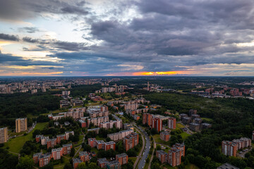 Obraz premium Aerial summer storm cloudy view of Vilnius (Baltupiai, Jeruzale and Fabijoniskes districts), Lithuania