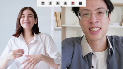 Video chat. Virtual meeting. Remote interview. Online communication. Screenshot of cheerful diverse friends distance casual conversation.