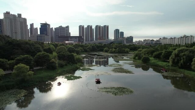 Urban Lake Park Seoul Drone Daytime