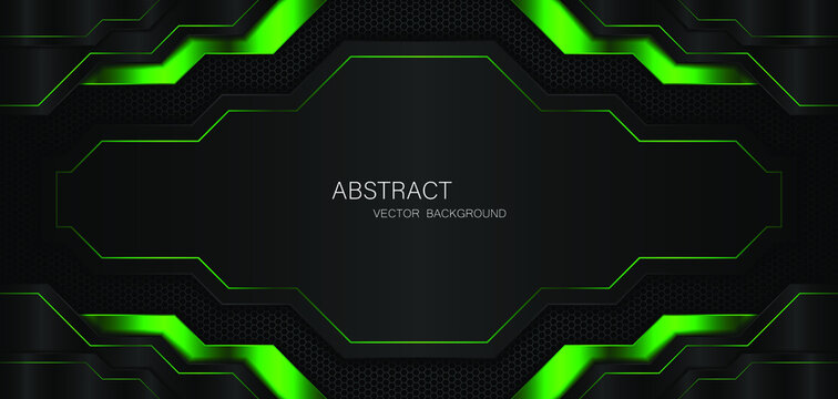 Abstract black and green polygon with green glow lines on dark steel mesh background with free space for design. modern technology innovation concept background

